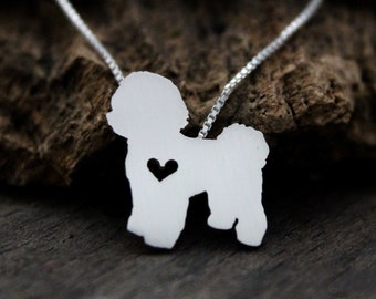 Tiny Bichon necklace, sterling silver hand cut pendant and heart, dog breed jewelry