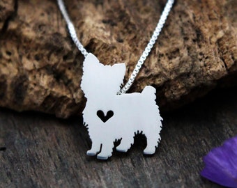 Tiny Yorkshire Terrier necklace, sterling silver hand cut pendant and heart, dog breed jewelry