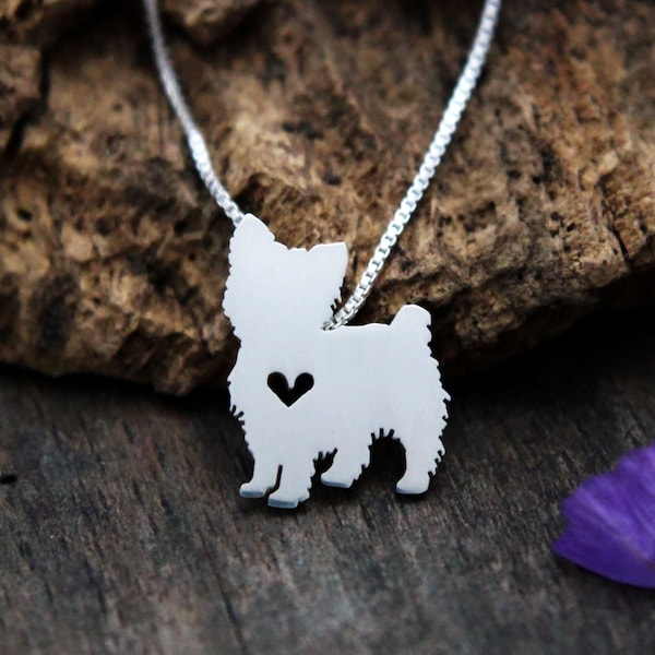 Personalized Yorkshire Terrier necklace, sterling silver hand cut pendant and heart, dog breed jewelry