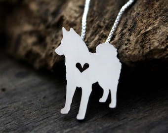 Tiny Norwegian Elkhound necklace, sterling silver hand cut pendant and heart, dog breed jewelry