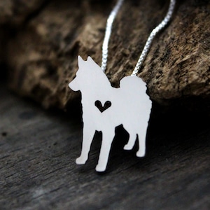 Tiny Norwegian Elkhound necklace, sterling silver hand cut pendant and heart, dog breed jewelry