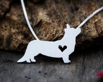 Tiny Cardigan Corgi necklace, sterling silver hand cut pendant and heart, dog breed jewelry