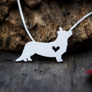 Tiny Cardigan Corgi necklace, sterling silver hand cut pendant and heart, dog breed jewelry
