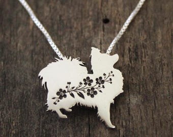 Papillion dog necklace: Sterling silver Forget-me-not Papillion pendant