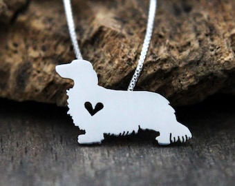 Tiny Long haired Dachshund necklace, sterling silver hand cut pendant and heart, dog breed jewelry