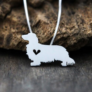 Tiny Long haired Dachshund necklace, sterling silver hand cut pendant and heart, dog breed jewelry