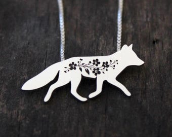 Floral Fox necklace: Sterling silver Forget-me-not flower Fox pendant