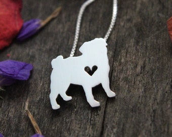 Tiny Pug necklace, sterling silver hand cut pendant and heart, tiny dog breed jewelry