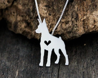 Tiny Doberman Pinscher necklace, sterling silver hand cut pendant and heart, dog breed jewelry