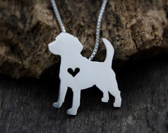 Tiny Beagle hound dog necklace, sterling silver hand cut dog pendant and heart,