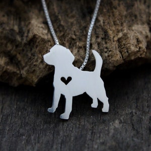 Tiny Beagle hound dog necklace, sterling silver hand cut dog pendant and heart,