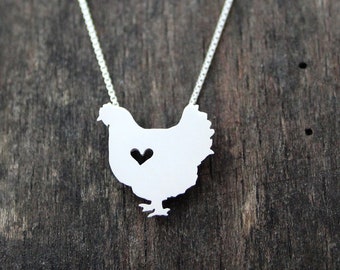 Tiny Hen Chicken necklace, sterling silver hand cut pendant and heart