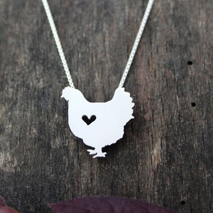 Tiny Hen Chicken necklace, sterling silver hand cut pendant and heart image 1