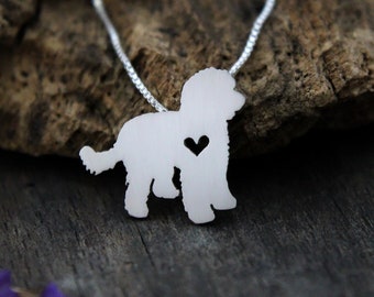 Tiny Labradoodle necklace, sterling silver hand cut pendant and heart, dog breed jewelry