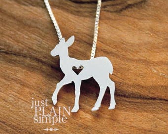 Tiny Fawn necklace, sterling silver hand cut pendant and heart