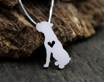 Tiny Boxer dog necklace, sterling silver hand cut dog pendant and heart