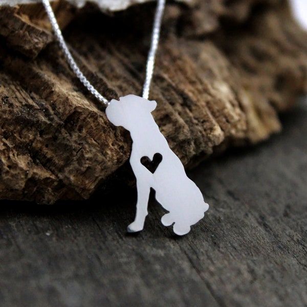 Tiny Boxer dog necklace, sterling silver hand cut dog pendant and heart