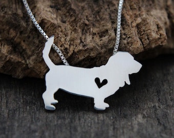 Tiny Basset Hound necklace, sterling silver hand cut pendant and heart, dog breed jewelry