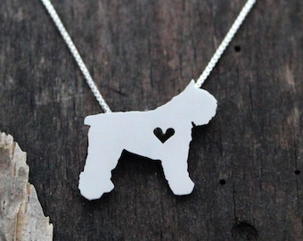 Tiny Bouvier des Flanders necklace, sterling silver hand cut dog pendant and heart