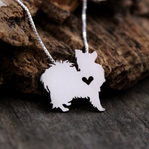 Tiny Papillon necklace, sterling silver hand cut pendant and heart, dog breed jewelry