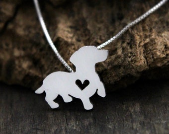 Tiny Dachshund necklace, sterling silver hand cut pendant, with heart, tiny dog breed jewelry