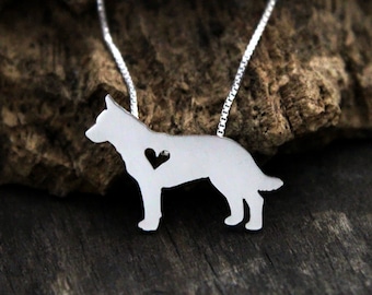 Tiny Cattle Dog/Blue Heeler necklace, sterling silver hand cut pendant and heart, dog breed jewelry