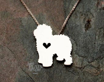 Tiny Old English Sheepdog necklace, sterling silver necklace, hand cut pendant and heart