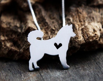 Tiny Husky necklace, sterling silver hand cut pendant and heart, dog breed jewelry