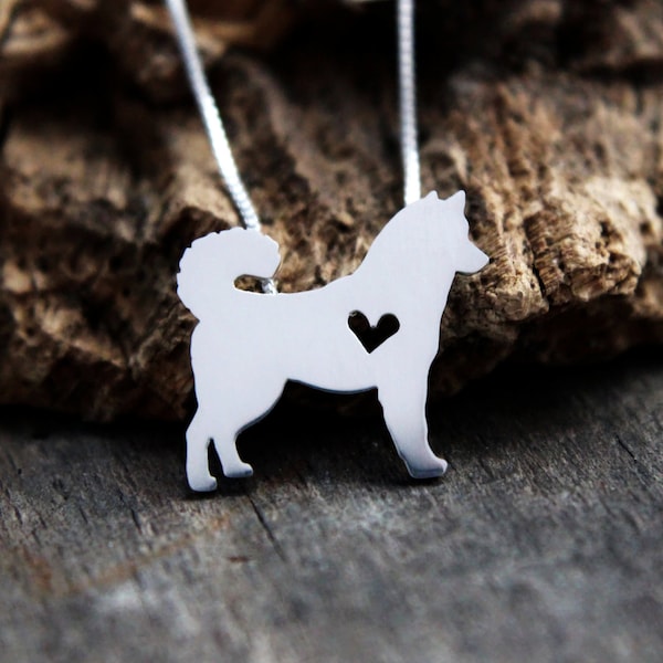 Tiny Husky necklace, sterling silver hand cut pendant and heart, dog breed jewelry