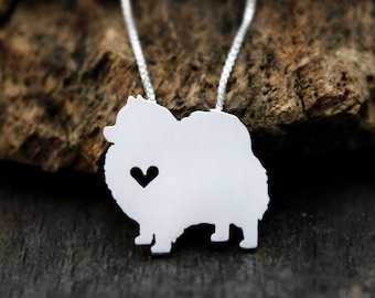 Tiny Pomeranian necklace, sterling silver hand cut pendant and heart, dog breed jewelry