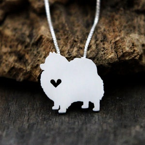 Tiny Pomeranian necklace, sterling silver hand cut pendant and heart, dog breed jewelry
