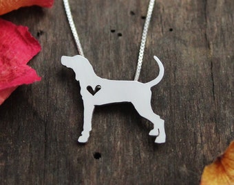 Tiny Coon Hound necklace, sterling silver hand cut pendant and heart, dog breed jewelry