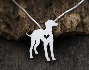 Tiny Greyhound necklace, sterling silver hand cut dog pendant and heart,