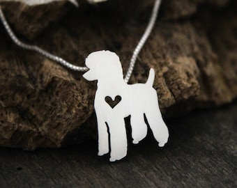 Tiny Standard Poodle necklace, sterling silver hand cut pendant and heart, dog breed jewelry