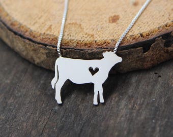 Tiny Jersey Cow necklace, sterling silver hand cut pendant and heart