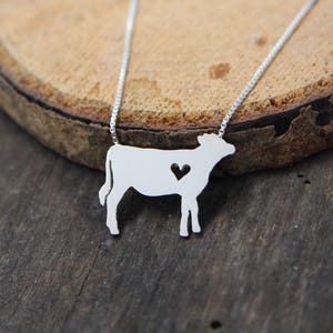 Tiny Jersey Cow necklace, sterling silver hand cut pendant and heart image 1