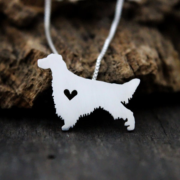 Tiny Irish Setter necklace, sterling silver hand cut pendant and heart, dog breed jewelry