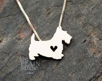 Tiny Scottish Terrier necklace, sterling silver handmade pendant and heart