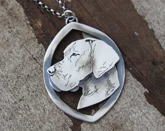 Great Dane, hand engraved sterling silver pendant.