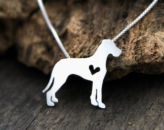 Tiny Great Dane necklace, sterling silver hand cut dog pendant and heart,