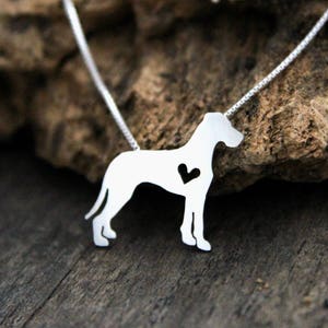 Tiny Great Dane necklace, sterling silver hand cut dog pendant and heart,