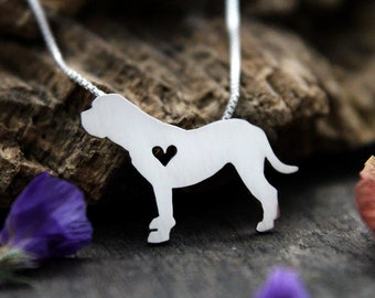 Tiny Bullmastiff necklace, sterling silver hand cut dog pendant and heart,