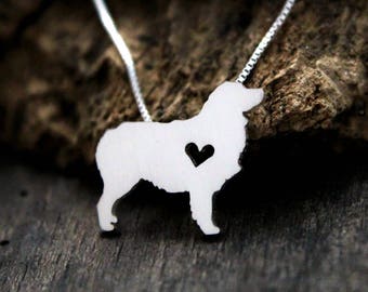 Tiny Australian Shepherd necklace, sterling silver hand cut pendant, with heart