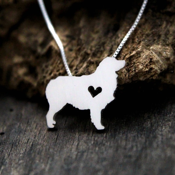 Tiny Australian Shepherd necklace, sterling silver hand cut pendant, with heart
