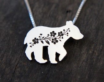 Floral Bear necklace: Sterling silver Forget-me-not flower Bear pendant