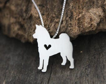 Tiny Akita necklace, silver hand cut dog pendant and heart,