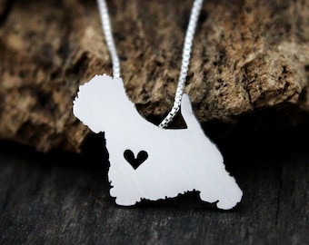 Tiny Westie necklace sterling silver, hand-cut West highland terrier dog pendant with heart.