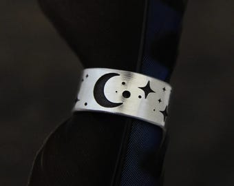 Handmade Sterling Silver Crescent Moon & Stars Ear Cuff