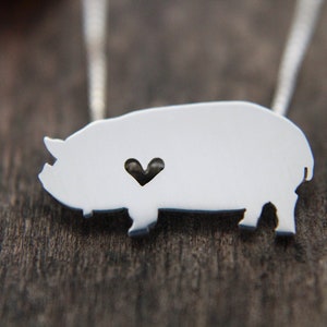 Tiny Kunekune Pig necklace, sterling silver hand cut pendant and heart image 2