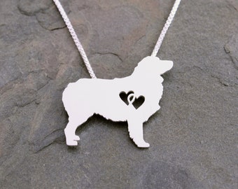 Australian Shepherd necklace with interlocking hearts, sterling silver, made by hand